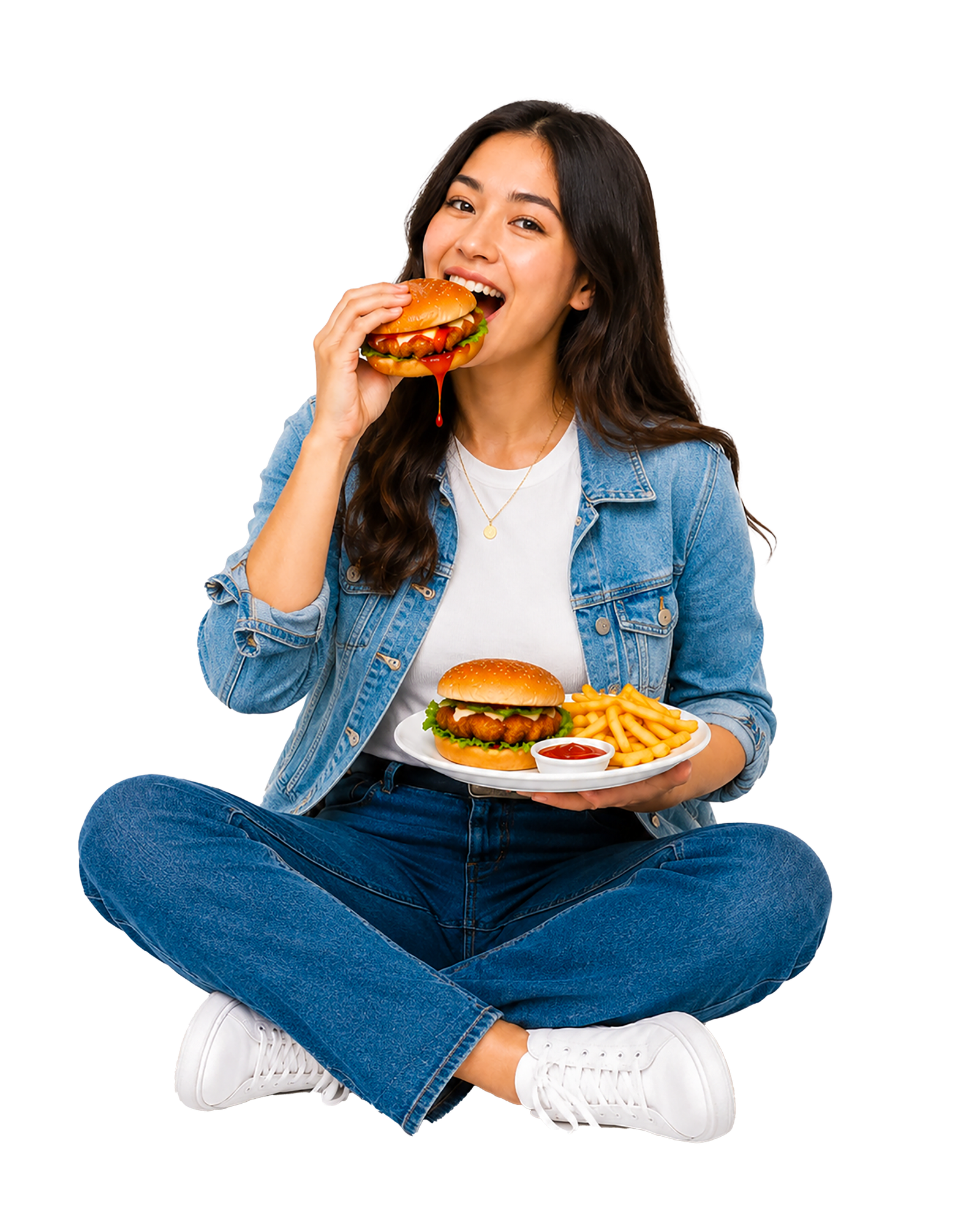 Young woman enjoying a burger and fries